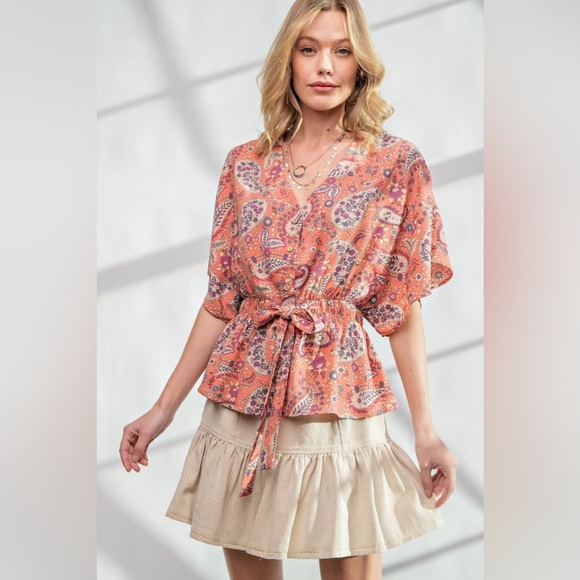 Boho Paisley Print Ruffled V-Neck Tank Tops main image 0